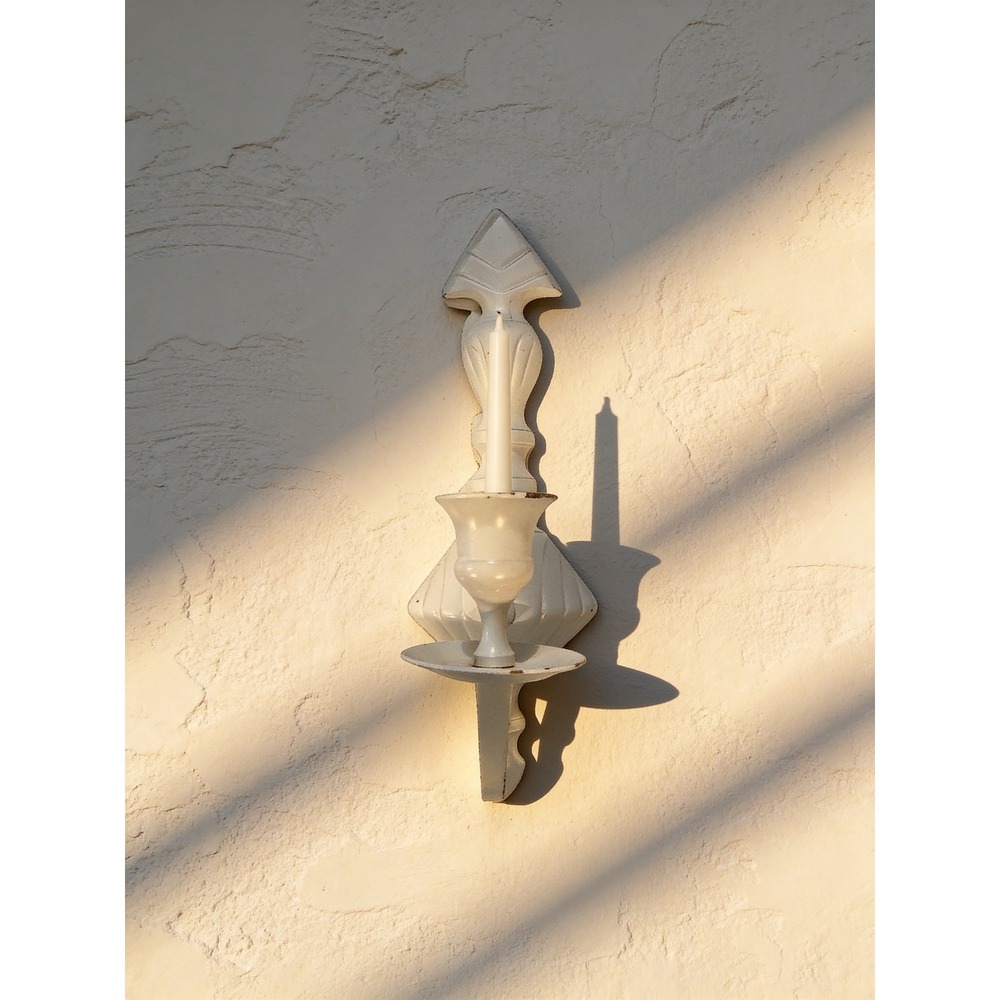 Vintage Cast Metal Arrow Urn Candle Wall Sconce Distressed White Taper Holder